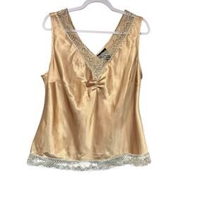 Lane Bryant Gold Satin Baby Doll Y2K Top Fairy Lace Trim Bead Sequins SZ 14